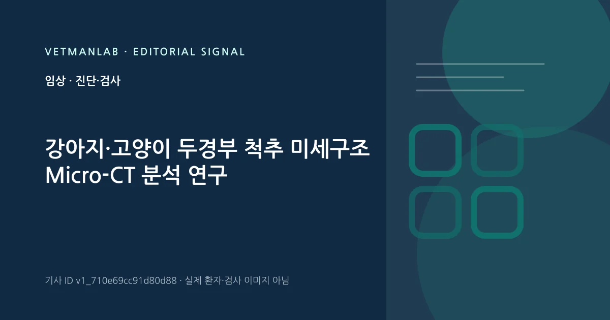 VetManLab 편집용 정보 카드: 강아지·고양이 두경부 척추 미세구조 Micro-CT 분석 연구. 실제 환자나 검사 사진이 아닌 기사 주제 안내 그래픽입니다.