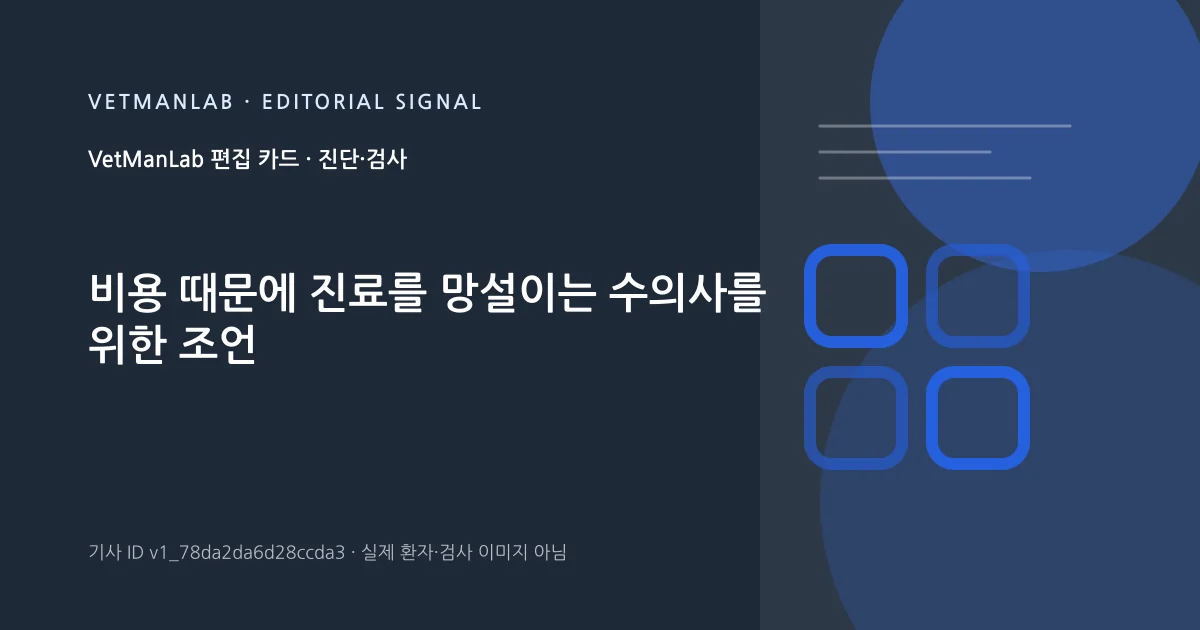 VetManLab 편집용 정보 카드: 비용 때문에 진료를 망설이는 수의사를 위한 조언. 실제 환자나 검사 사진이 아닌 기사 주제 안내 그래픽입니다.