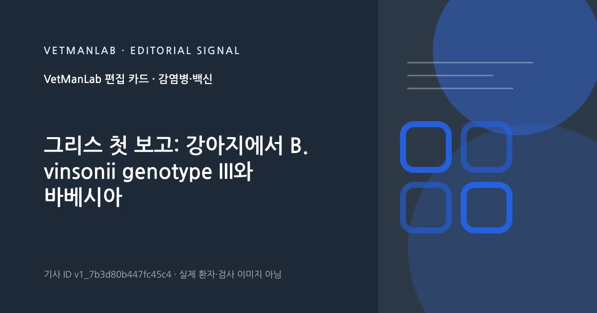VetManLab 편집용 정보 카드: 그리스 첫 보고: 강아지에서 B. vinsonii genotype III와 바베시아 공감염. 실제 환자나 검사 사진이 아닌 기사 주제 안내 그래픽입니다.
