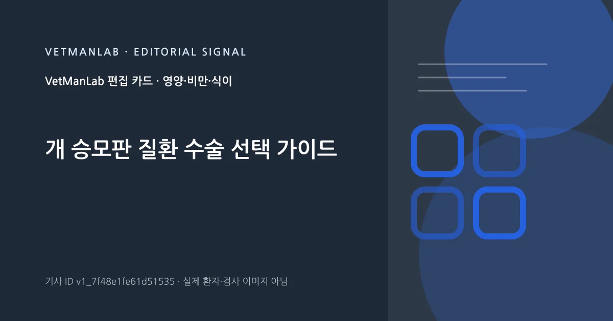 VetManLab 편집용 정보 카드: 개 승모판 질환 수술 선택 가이드. 실제 환자나 검사 사진이 아닌 기사 주제 안내 그래픽입니다.