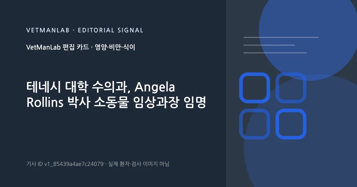 VetManLab 편집용 정보 카드: 테네시 대학 수의과, Angela Rollins 박사 소동물 임상과장 임명. 실제 환자나 검사 사진이 아닌 기사 주제 안내 그래픽입니다.