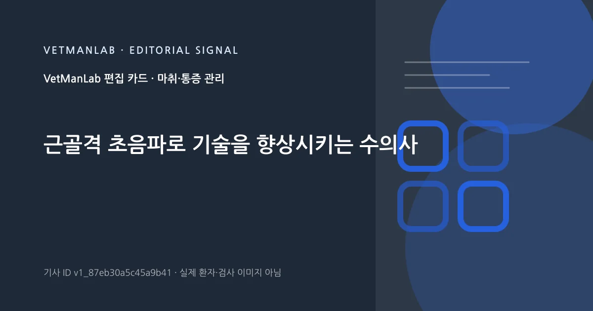 VetManLab 편집용 정보 카드: 근골격 초음파로 기술을 향상시키는 수의사. 실제 환자나 검사 사진이 아닌 기사 주제 안내 그래픽입니다.