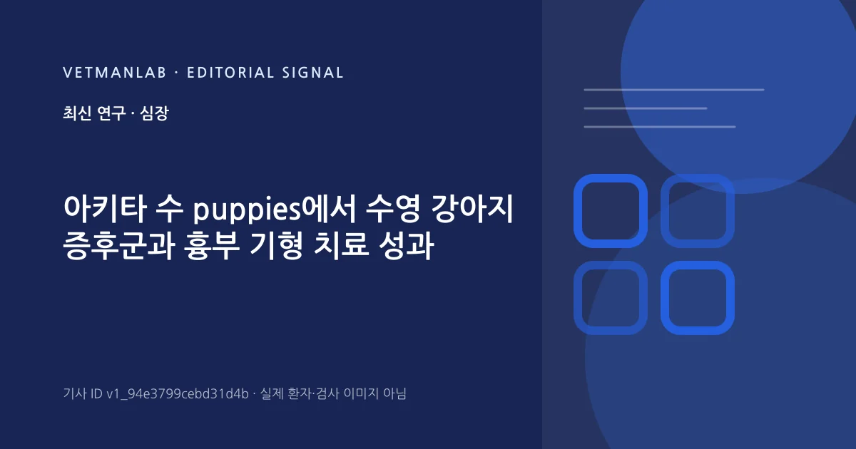 VetManLab 편집용 정보 카드: 아키타 수 puppies에서 수영 강아지 증후군과 흉부 기형 치료 성과. 실제 환자나 검사 사진이 아닌 기사 주제 안내 그래픽입니다.