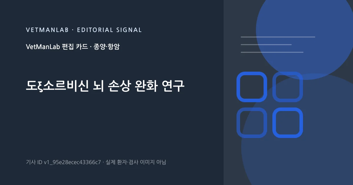 VetManLab 편집용 정보 카드: 도ξ소르비신 뇌 손상 완화 연구. 실제 환자나 검사 사진이 아닌 기사 주제 안내 그래픽입니다.
