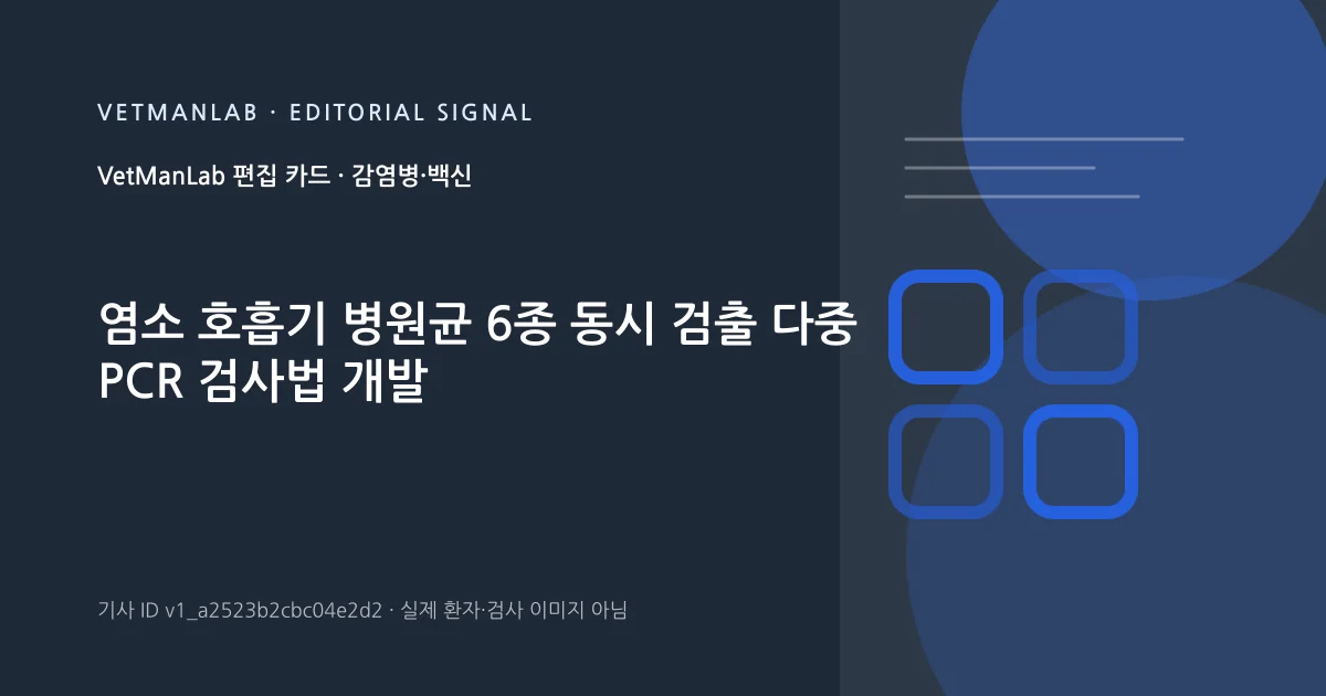 VetManLab 편집용 정보 카드: 염소 호흡기 병원균 6종 동시 검출 다중 PCR 검사법 개발. 실제 환자나 검사 사진이 아닌 기사 주제 안내 그래픽입니다.