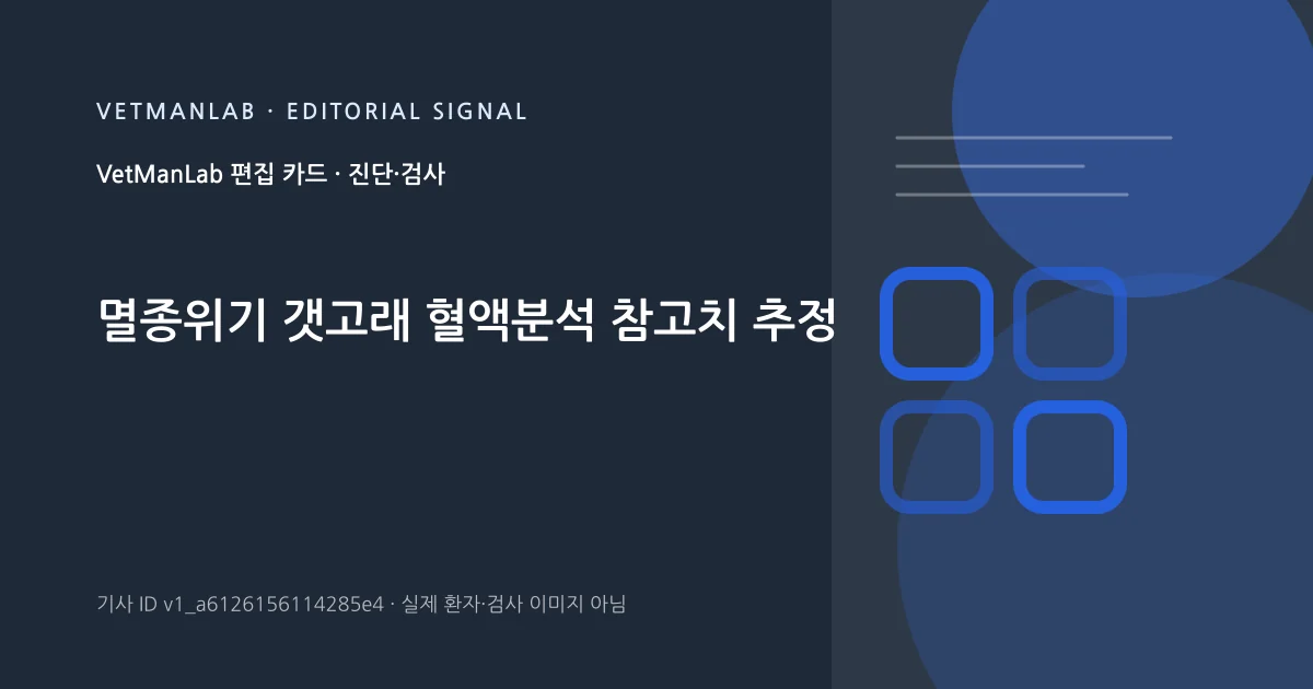 VetManLab 편집용 정보 카드: 멸종위기 갯고래 혈액분석 참고치 추정. 실제 환자나 검사 사진이 아닌 기사 주제 안내 그래픽입니다.