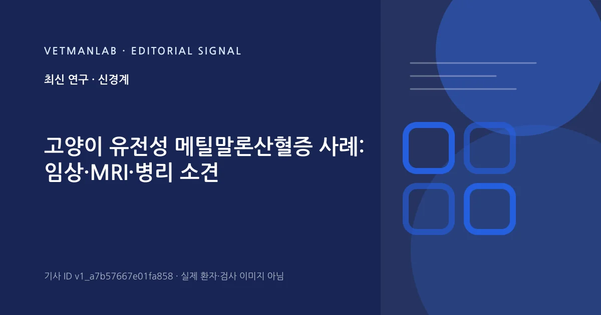 VetManLab 편집용 정보 카드: 고양이 유전성 메틸말론산혈증 사례: 임상·MRI·병리 소견. 실제 환자나 검사 사진이 아닌 기사 주제 안내 그래픽입니다.