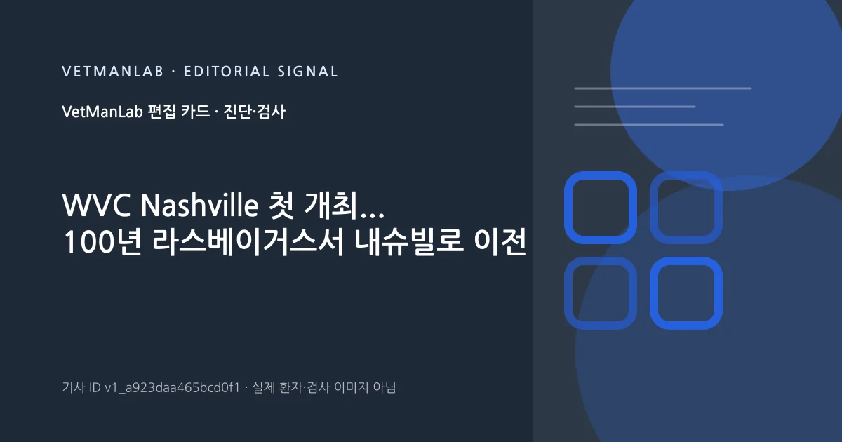 VetManLab 편집용 정보 카드: WVC Nashville 첫 개최... 100년 라스베이거스서 내슈빌로 이전. 실제 환자나 검사 사진이 아닌 기사 주제 안내 그래픽입니다.