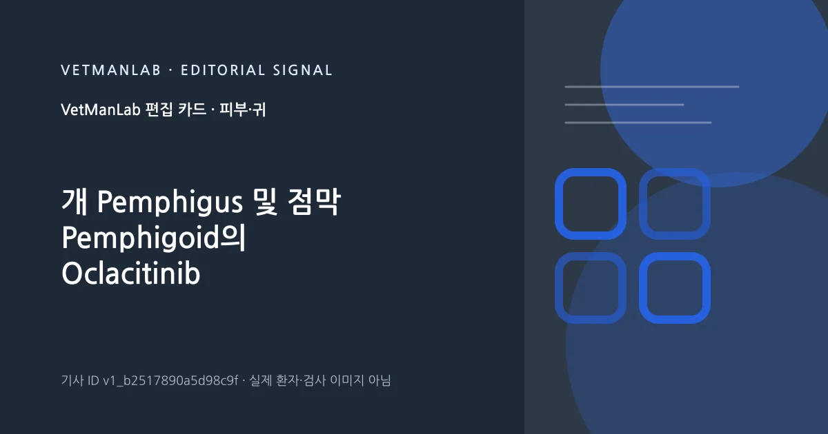 VetManLab 편집용 정보 카드: 개 Pemphigus 및 점막 Pemphigoid의 Oclacitinib 치료 효과: 21개 증례 분석. 실제 환자나 검사 사진이 아닌 기사 주제 안내 그래픽입니다.