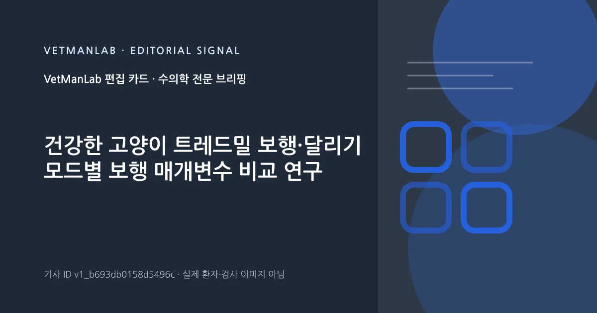 VetManLab 편집용 정보 카드: 건강한 고양이 트레드밀 보행·달리기 모드별 보행 매개변수 비교 연구. 실제 환자나 검사 사진이 아닌 기사 주제 안내 그래픽입니다.