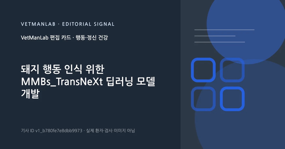 VetManLab 편집용 정보 카드: 돼지 행동 인식 위한 MMBs_TransNeXt 딥러닝 모델 개발. 실제 환자나 검사 사진이 아닌 기사 주제 안내 그래픽입니다.