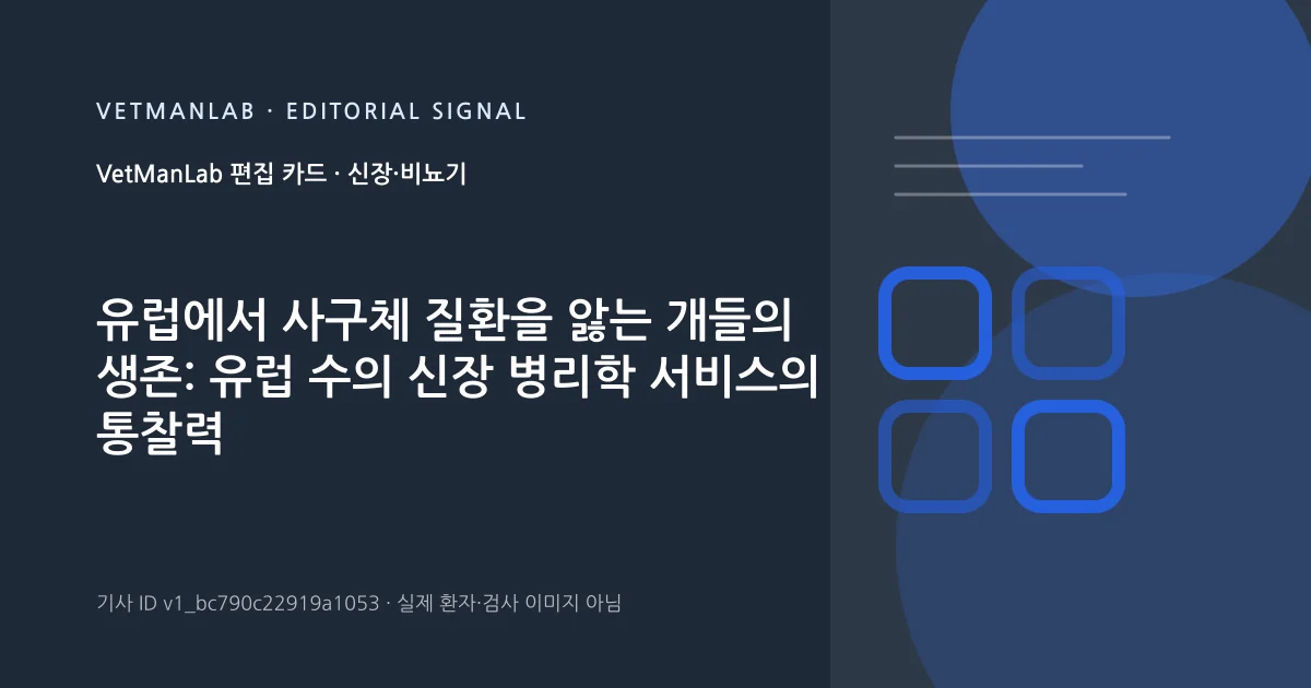 VetManLab 편집용 정보 카드: 유럽에서 사구체 질환을 앓는 개들의 생존: 유럽 수의 신장 병리학 서비스의 통찰력. 실제 환자나 검사 사진이 아닌 기사 주제 안내 그래픽입니다.