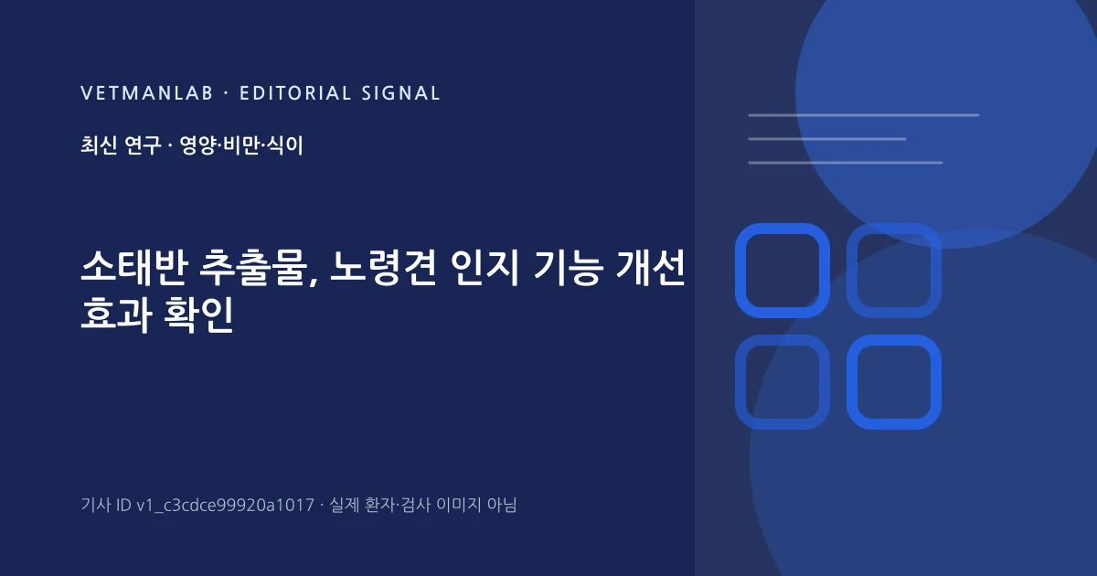 VetManLab 편집용 정보 카드: 소태반 추출물, 노령견 인지 기능 개선 효과 확인. 실제 환자나 검사 사진이 아닌 기사 주제 안내 그래픽입니다.