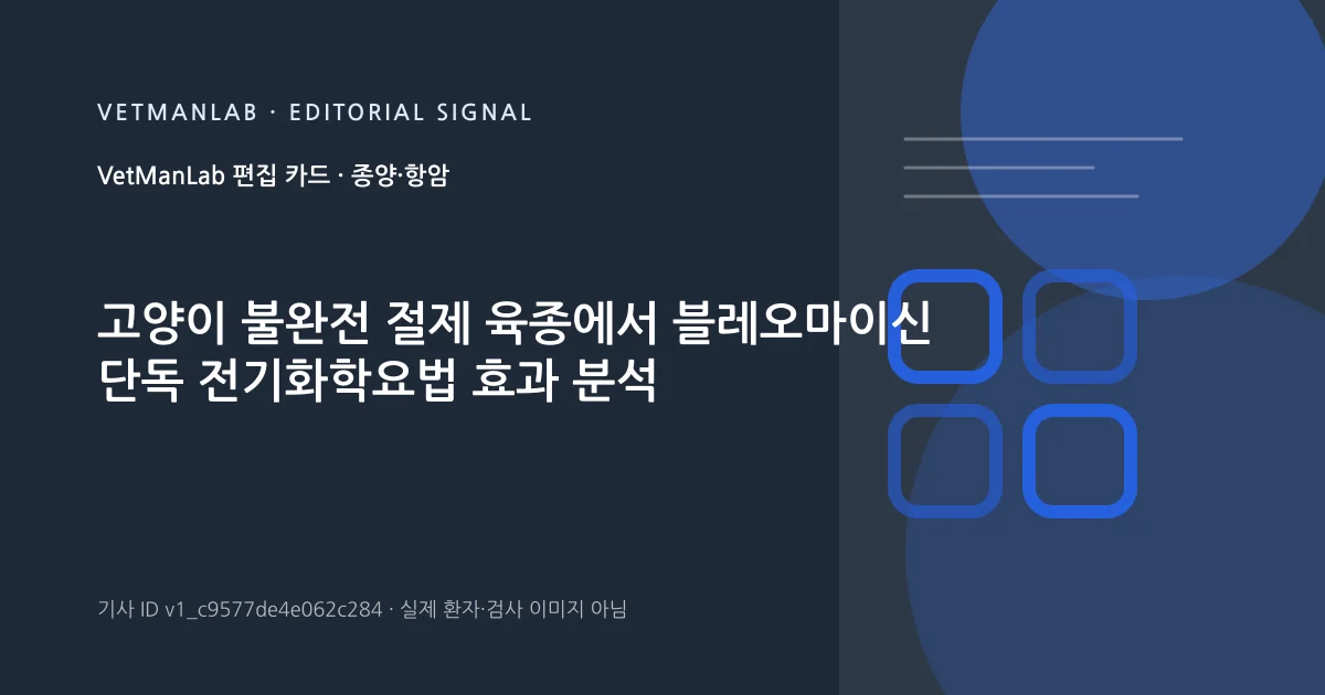 VetManLab 편집용 정보 카드: 고양이 불완전 절제 육종에서 블레오마이신 단독 전기화학요법 효과 분석. 실제 환자나 검사 사진이 아닌 기사 주제 안내 그래픽입니다.