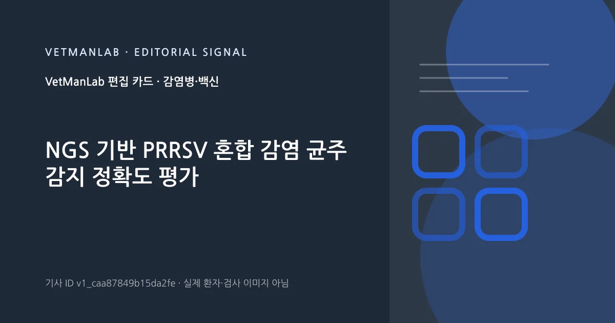 VetManLab 편집용 정보 카드: NGS 기반 PRRSV 혼합 감염 균주 감지 정확도 평가. 실제 환자나 검사 사진이 아닌 기사 주제 안내 그래픽입니다.