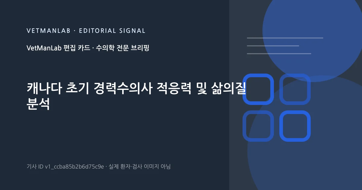 VetManLab 편집용 정보 카드: 캐나다 초기 경력수의사 적응력 및 삶의질 분석. 실제 환자나 검사 사진이 아닌 기사 주제 안내 그래픽입니다.