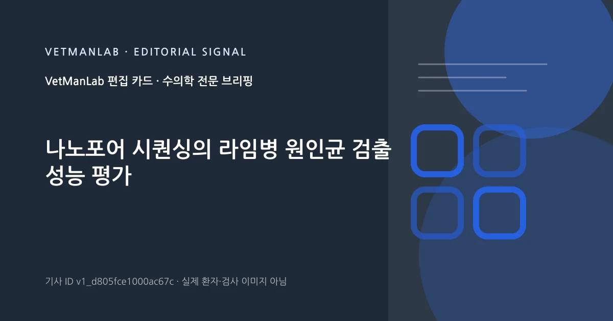 VetManLab 편집용 정보 카드: 나노포어 시퀀싱의 라임병 원인균 검출 성능 평가. 실제 환자나 검사 사진이 아닌 기사 주제 안내 그래픽입니다.