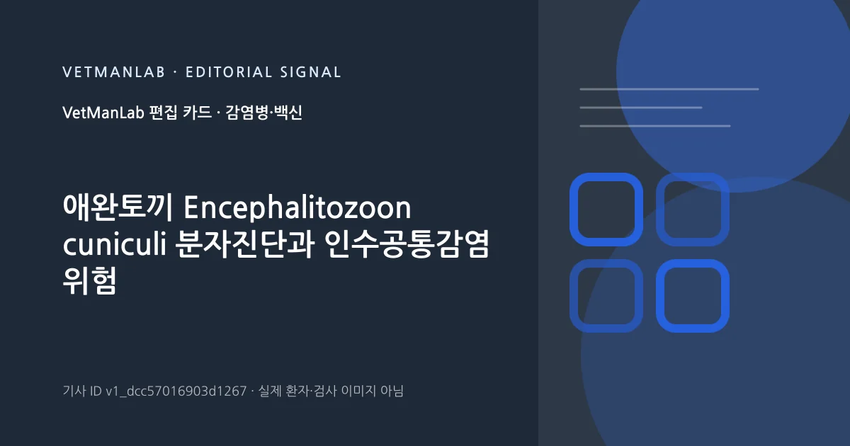 VetManLab 편집용 정보 카드: 애완토끼 Encephalitozoon cuniculi 분자진단과 인수공통감염 위험 평가. 실제 환자나 검사 사진이 아닌 기사 주제 안내 그래픽입니다.