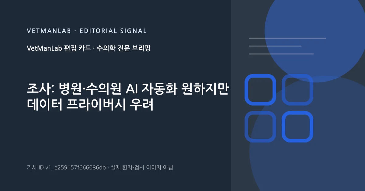 VetManLab 편집용 정보 카드: 조사: 병원·수의원 AI 자동화 원하지만 데이터 프라이버시 우려. 실제 환자나 검사 사진이 아닌 기사 주제 안내 그래픽입니다.