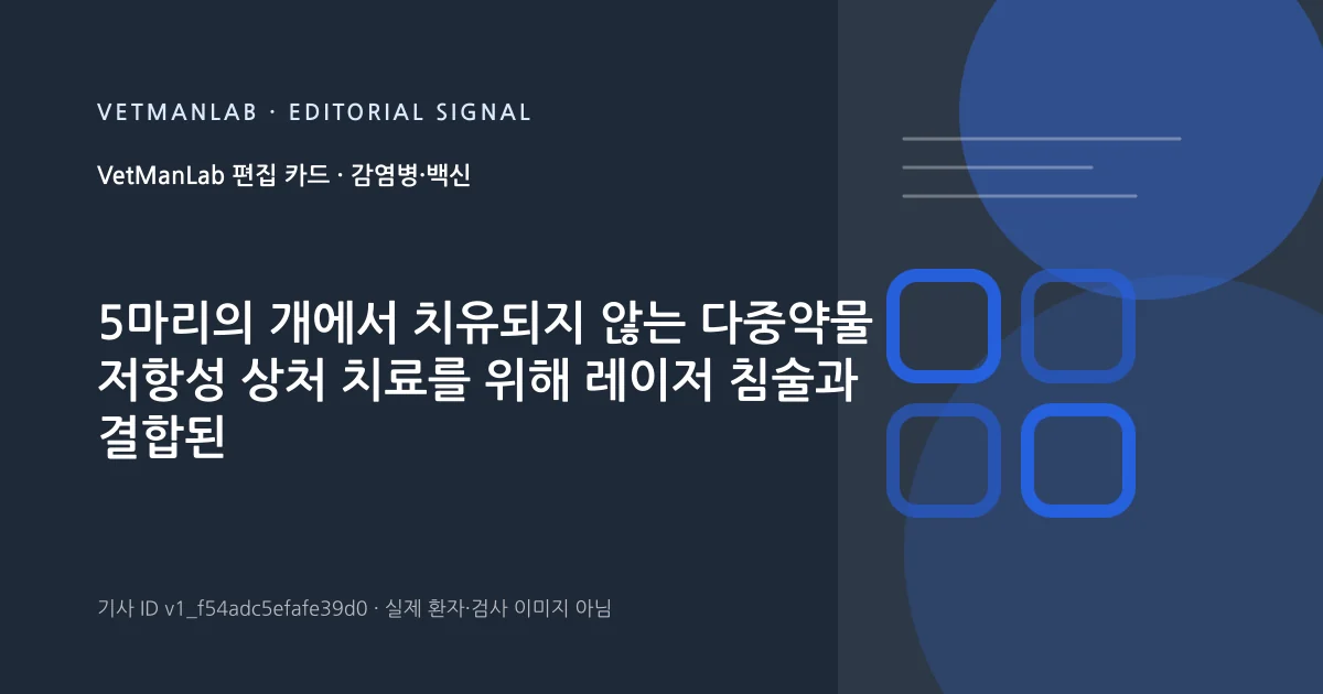 VetManLab 편집용 정보 카드: 5마리의 개에서 치유되지 않는 다중약물 저항성 상처 치료를 위해 레이저 침술과 결합된 저급 레이저 치료: 사례 시리즈. 실제 환자나 검사 사진이 아닌 기사 주제 안내 그래픽입니다.