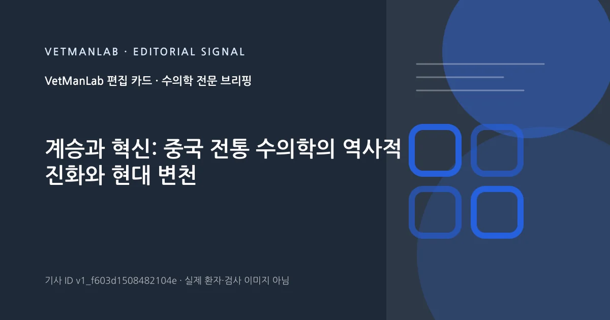 VetManLab 편집용 정보 카드: 계승과 혁신: 중국 전통 수의학의 역사적 진화와 현대 변천. 실제 환자나 검사 사진이 아닌 기사 주제 안내 그래픽입니다.