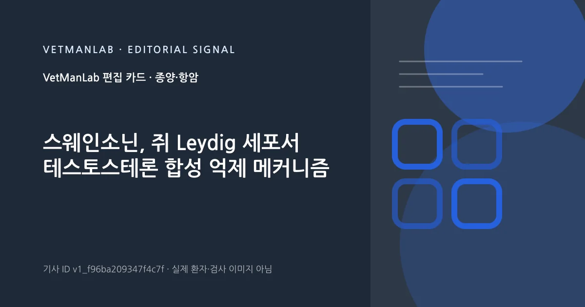 VetManLab 편집용 정보 카드: 스웨인소닌, 쥐 Leydig 세포서 테스토스테론 합성 억제 메커니즘. 실제 환자나 검사 사진이 아닌 기사 주제 안내 그래픽입니다.